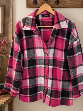 Camisa Pink Plaid Thick Shirt Jacket Shacket 24" PTP Fits XL 1X